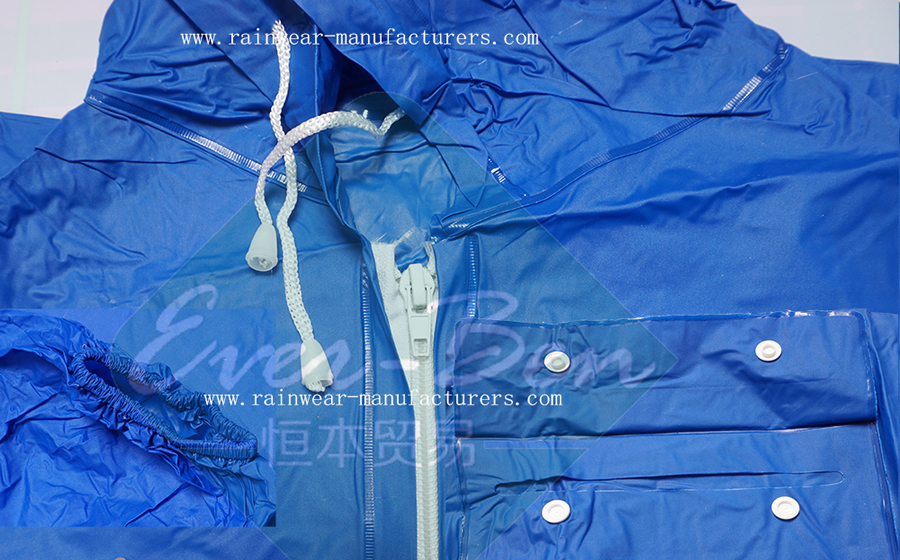 China blue PVC plastic macs adults drawing string hood